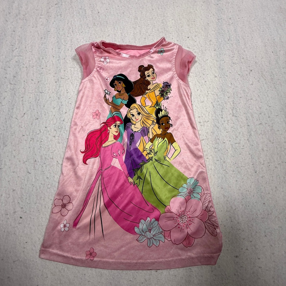 Disney Princess Pink Nightgown Ariel Jasmine Belle Rapunzel Tiana 4T RN87652